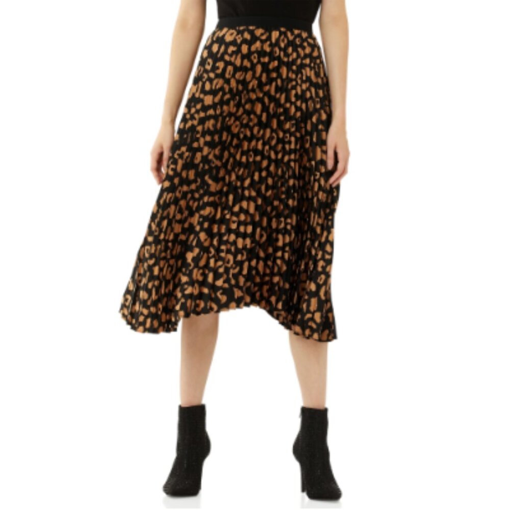Scoop Pleated Leopard Print Silky Midi Skirt